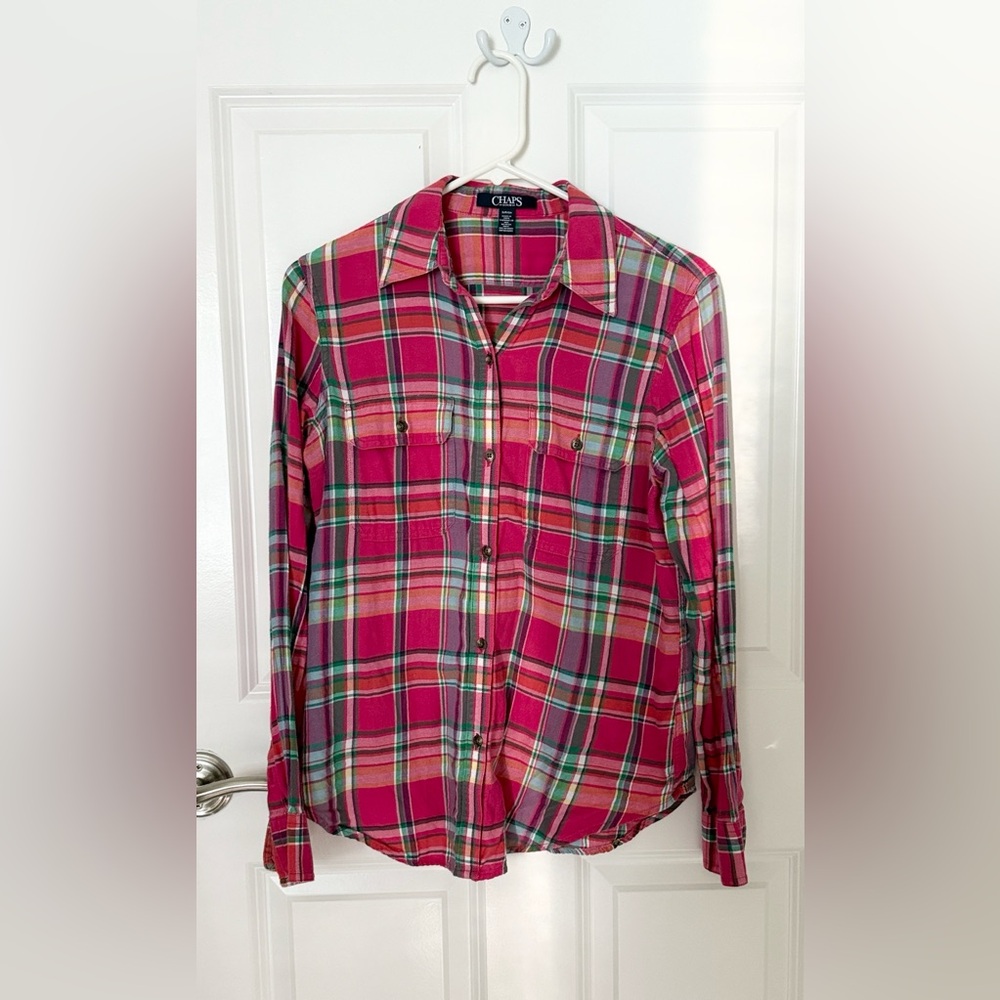 Chaps PM Pink Plaid Button Down Long Sleeve Shirt